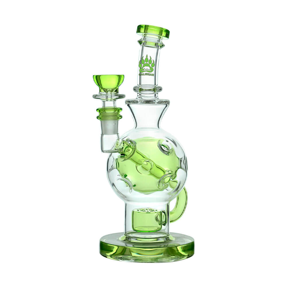 Calibear Ballsphere Dab Rigs in multiple colors including clear, purple, pink, green, blue, and smoke grey featuring the Seed of Life perc and spherical chamber.