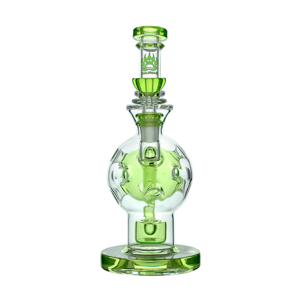 Calibear Ballsphere Dab Rigs in multiple colors including clear, purple, pink, green, blue, and smoke grey featuring the Seed of Life perc and spherical chamber.