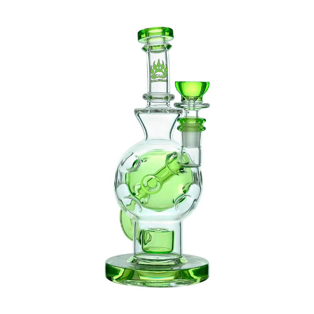 Calibear Ballsphere Dab Rigs in multiple colors including clear, purple, pink, green, blue, and smoke grey featuring the Seed of Life perc and spherical chamber.