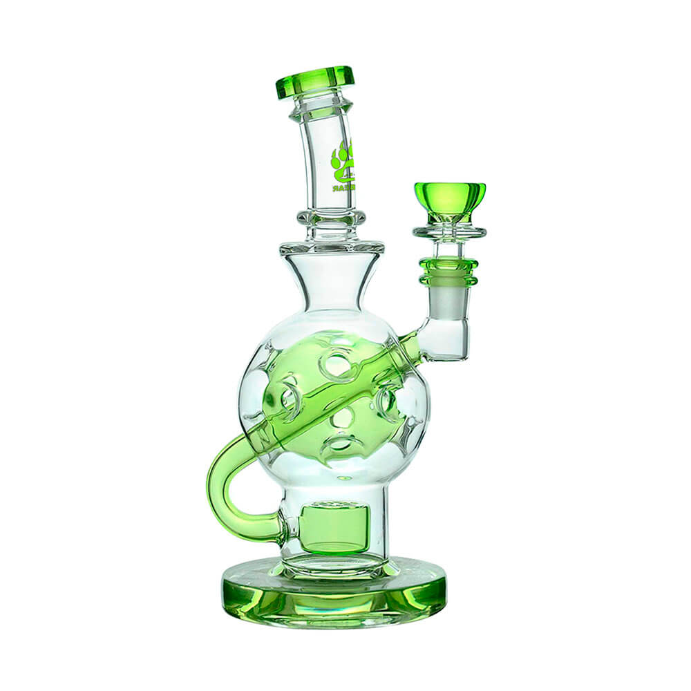 Calibear Ballsphere Dab Rigs in multiple colors including clear, purple, pink, green, blue, and smoke grey featuring the Seed of Life perc and spherical chamber.