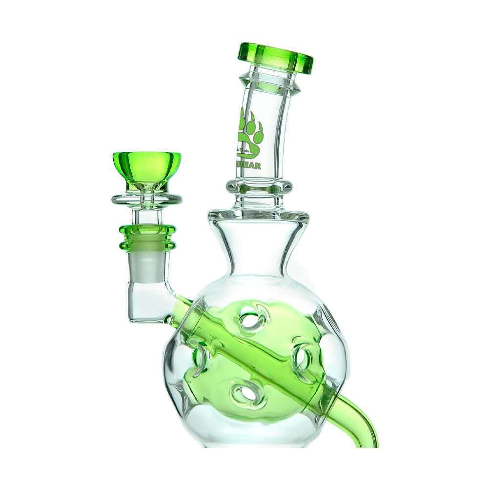 Calibear Ballsphere Dab Rigs in multiple colors including clear, purple, pink, green, blue, and smoke grey featuring the Seed of Life perc and spherical chamber.