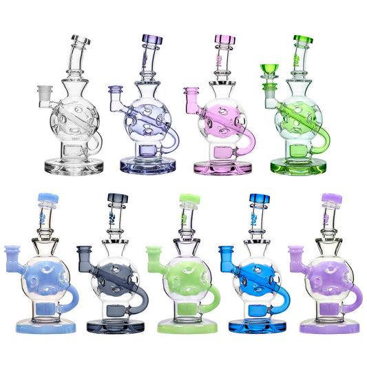 Calibear Ballsphere Dab Rigs in multiple colors including clear, purple, pink, green, blue, and smoke grey featuring the Seed of Life perc and spherical chamber.