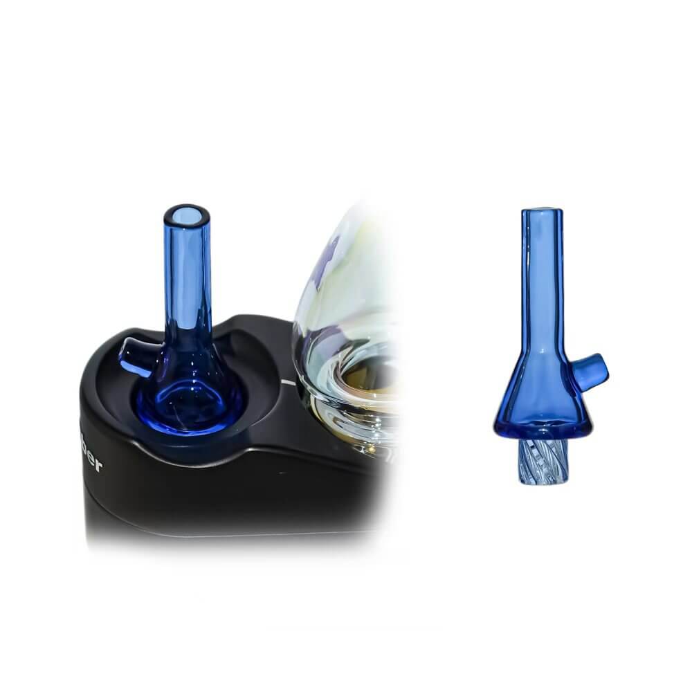 Calibear Blue Beaker Spinner Cap with angled air inlet and twisted glass base, displayed beside a glass attachment