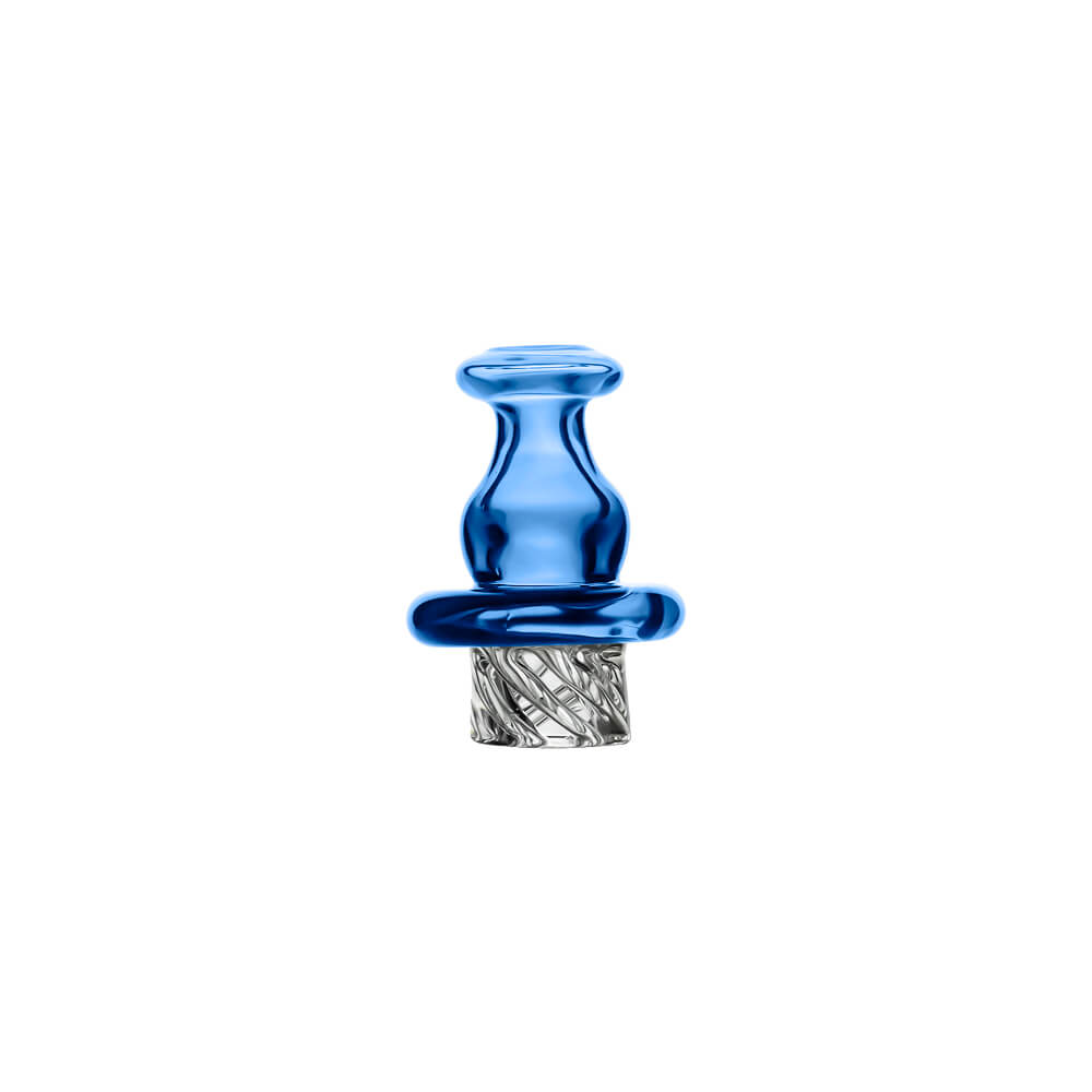 Calibear Classic Bell Vortex Spinner Cap (Blue) for Dr. Dabber Switch 2 and compatible 25mm OD quartz bangers, with a clear twisted glass base