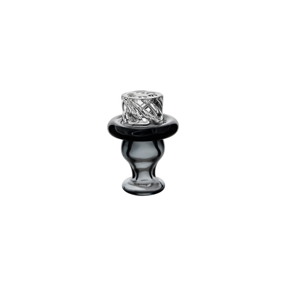 Underside view of Calibear Classic Bell Vortex Spinner Cap (Transparent Black), highlighting the clear glass base and intricate spiral vortex airflow channels