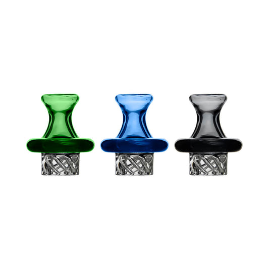 Calibear Classic Speaker Vortex Spinner Cap in Green, Blue and Transparent Black, showing flared glass tops and twisted airflow bases for Switch 2 and 25mm OD bangers