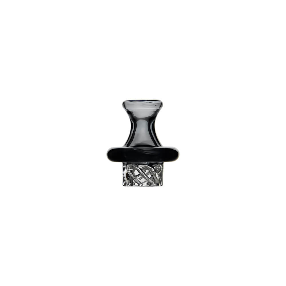 Calibear Classic Speaker Vortex Spinner Cap (Transparent Black), front view featuring a smoky glass body, rounded collar and clear twisted vortex airflow base