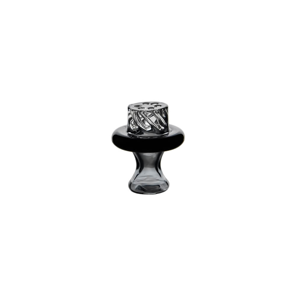 Bottom view of Calibear Classic Speaker Vortex Spinner Cap (Transparent Black), highlighting the clear glass base with intricate twisted vortex airflow channels