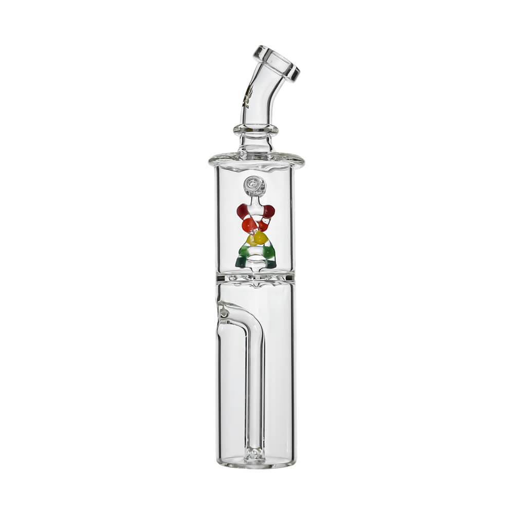 Front view of Calibear DNA Spinner Glass Attachment for Dr. Dabber Switch Go with cylindrical chamber and colorful spinner detail (Color: Clear with Multicolor DNA Spinner)
