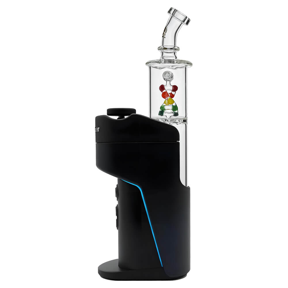 Calibear DNA Spinner Glass Attachment installed on Dr. Dabber Switch Go with angled mouthpiece and colorful internal spinner (Color: Clear with Multicolor DNA Spinner)