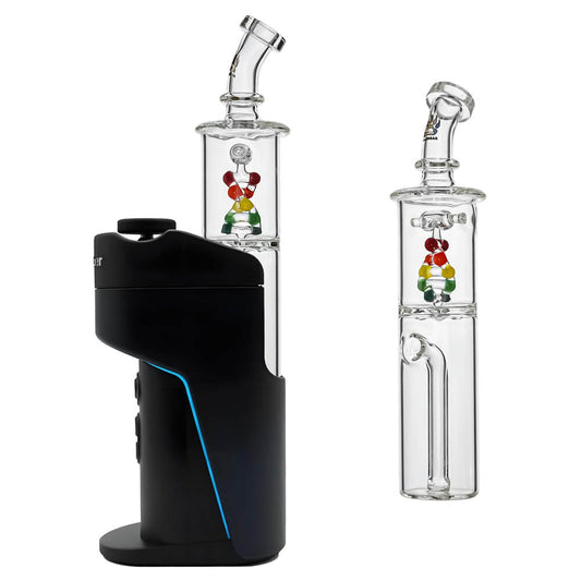 Calibear DNA Spinner Glass Attachment for Dr. Dabber Switch Go shown installed on device beside standalone glass attachment (Color: Clear with Multicolor DNA Spinner)