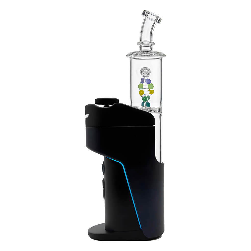 Calibear DNA Spinner Glass Attachment (Clear) installed on Dr. Dabber Switch Go, side view showing colorful DNA-shaped glass details, tall clear chamber and angled mouthpiece