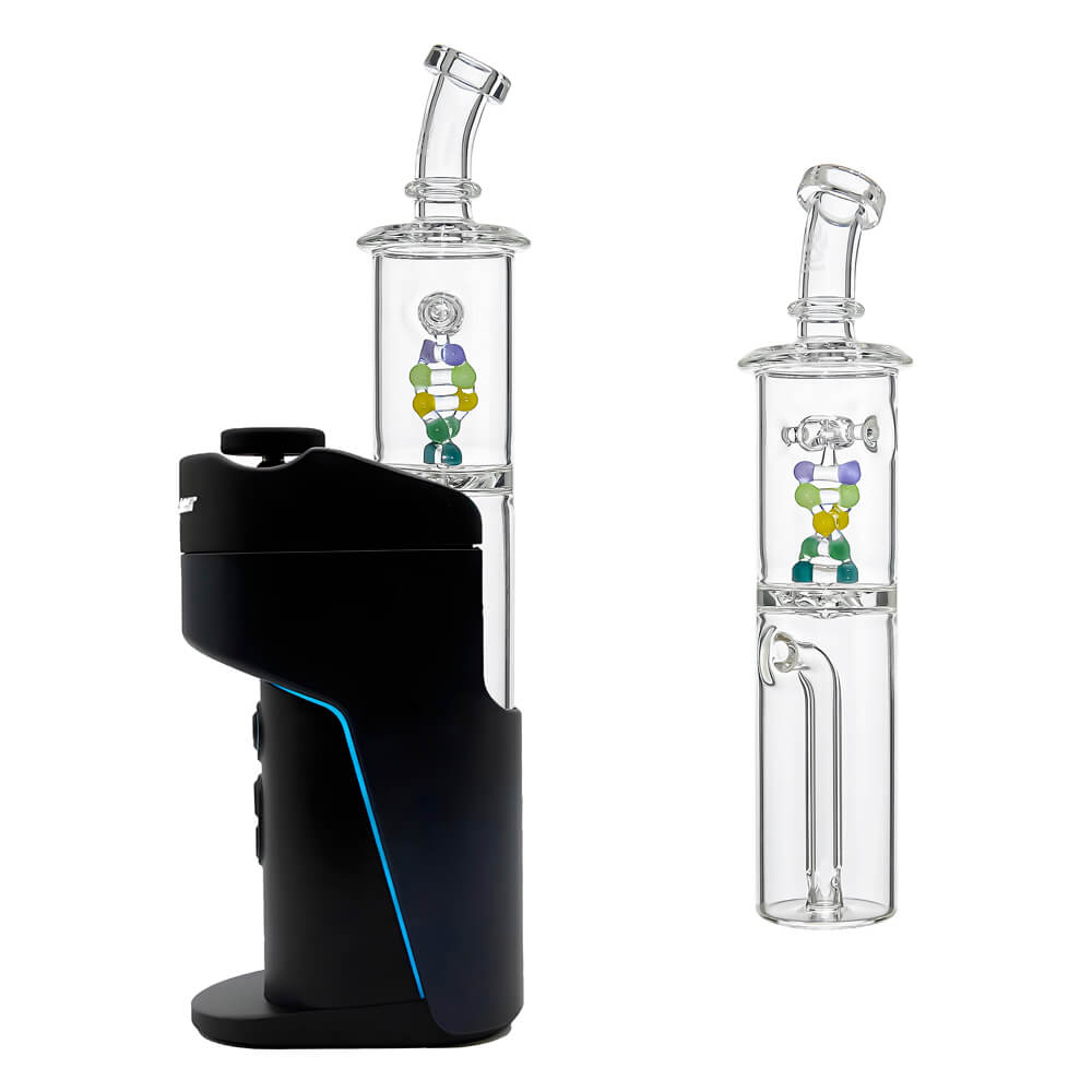 Calibear DNA Spinner Glass Attachment (Clear) for Dr. Dabber Switch Go, installed and standalone comparison showcasing the colorful DNA helix, curved glass mouthpiece and slim cylindrical design