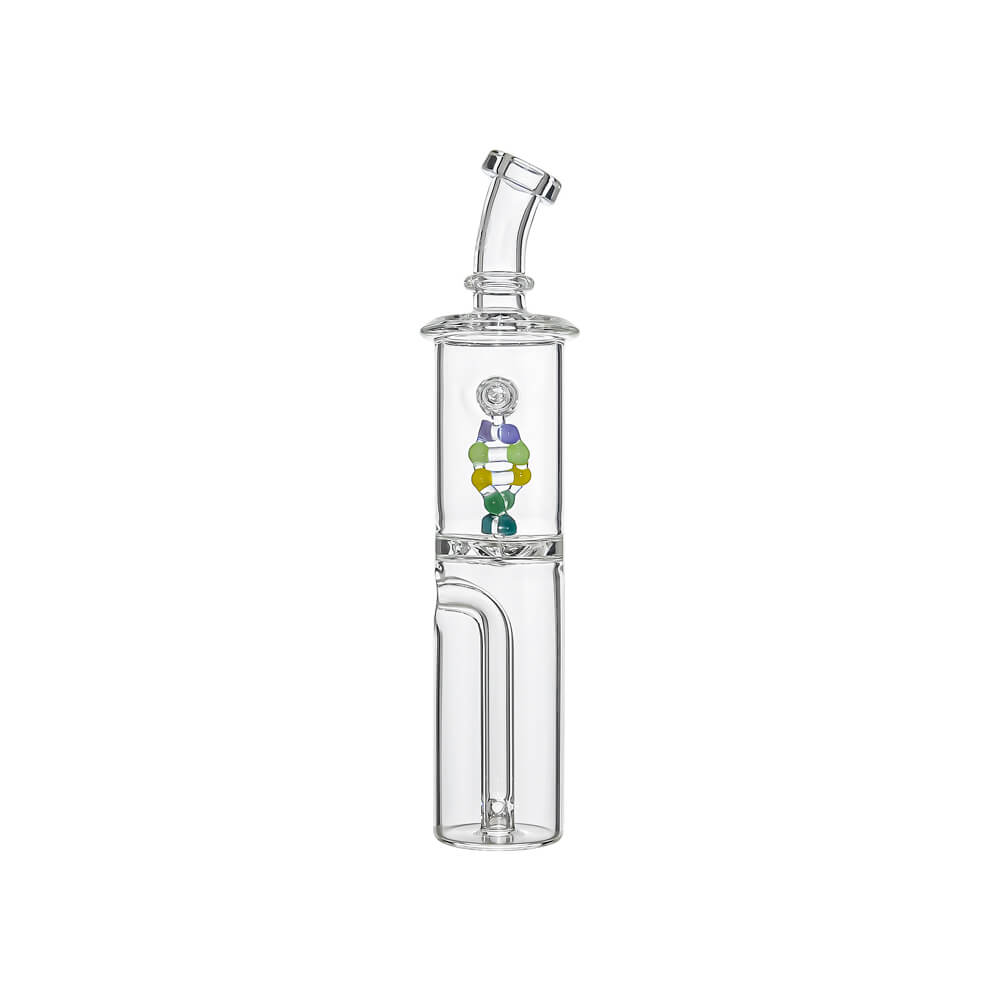 Calibear DNA Spinner Glass Attachment (Clear) for Dr. Dabber Switch Go, front view featuring a colorful DNA-inspired glass spiral, cylindrical chamber and curved mouthpiece