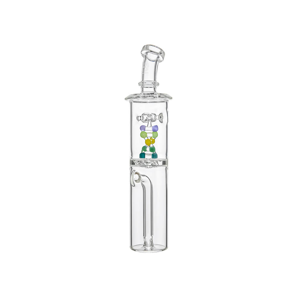 Calibear DNA Spinner Glass Attachment (Clear) for Dr. Dabber Switch Go, rear view highlighting the multicolor DNA helix design, internal glass tubing and transparent water chamber