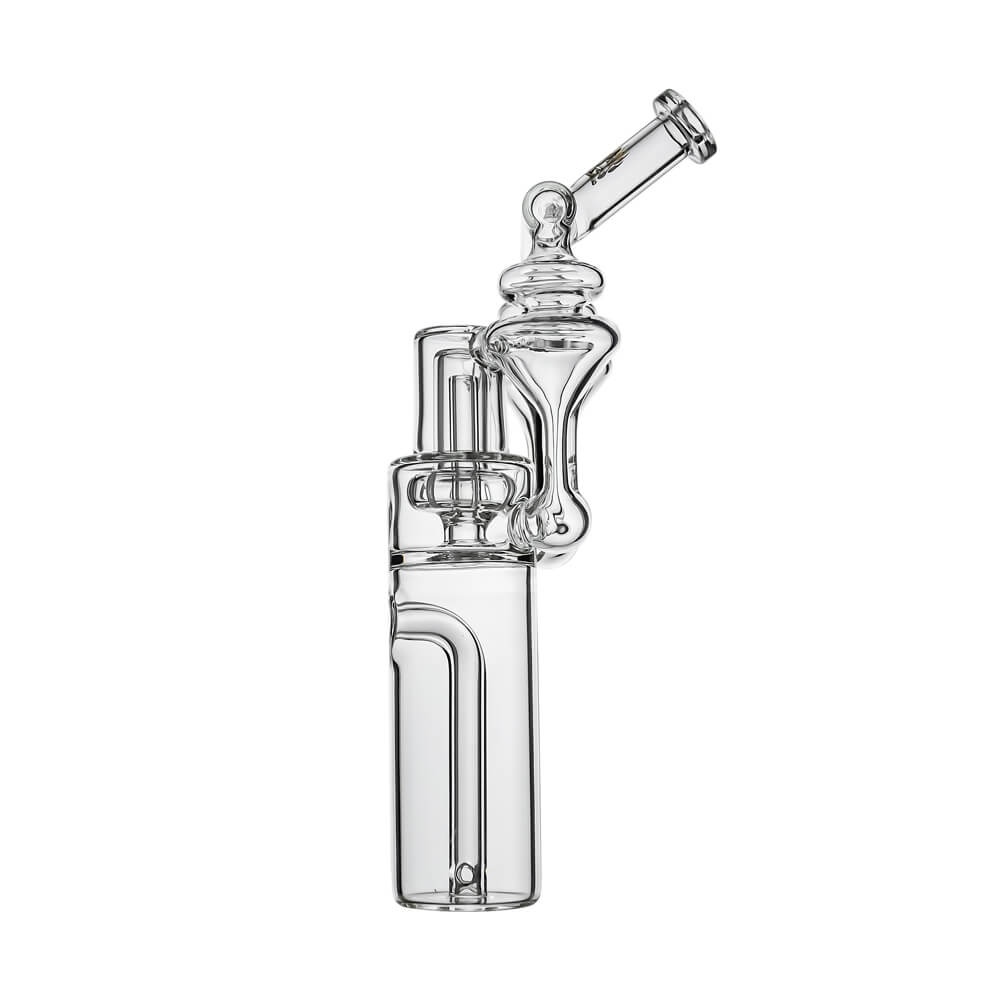 Calibear DUO RBR Recycler Glass Attachment (Clear) with dual recycler chambers, internal water pathways and angled mouthpiece for Dr. Dabber Switch Go
