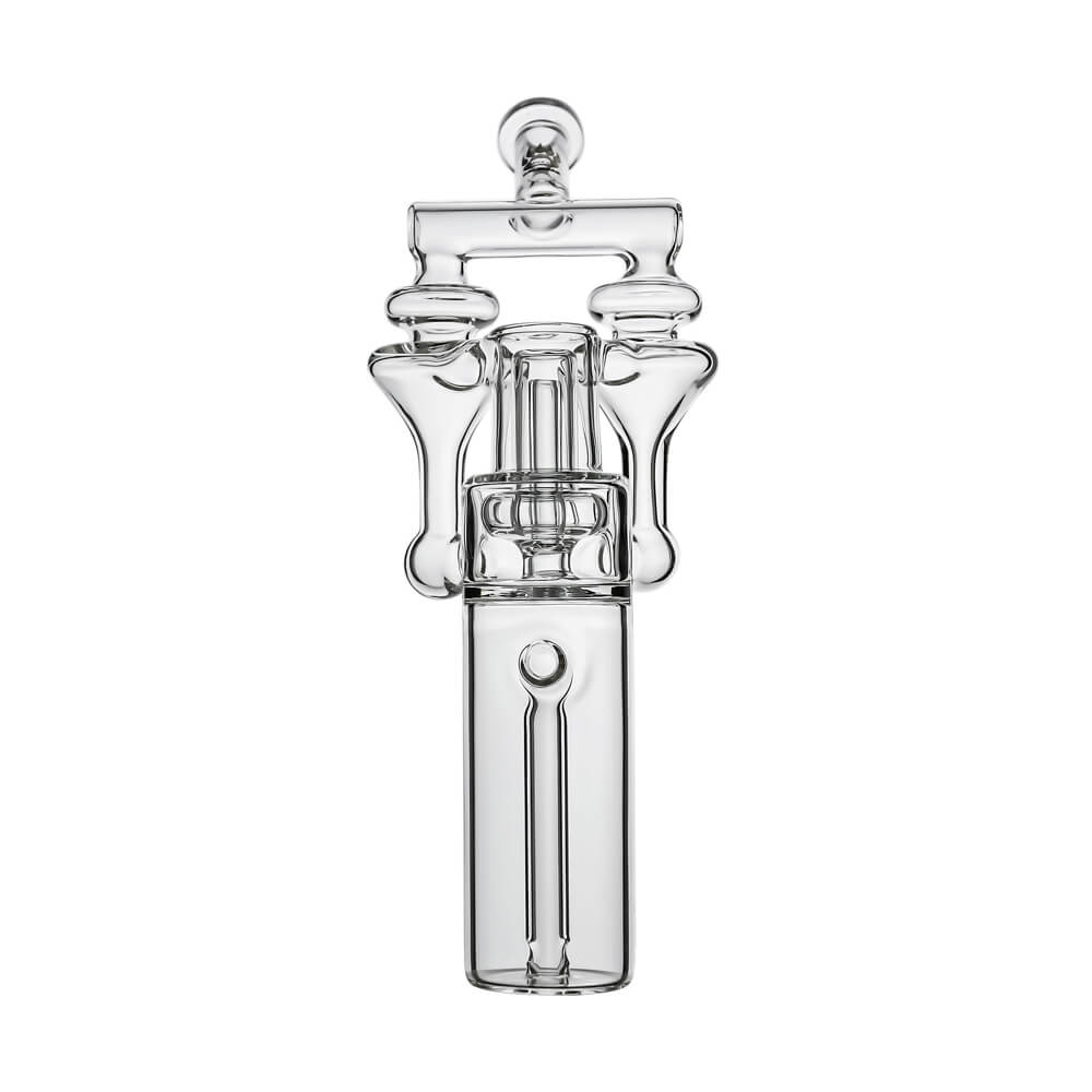 Front view of Calibear DUO RBR Recycler Glass Attachment (Clear) showing twin RBR recycling chambers and tall glass body for Dr. Dabber Switch Go