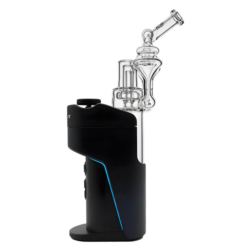 Calibear DUO RBR Recycler Glass Attachment (Clear) installed on Dr. Dabber Switch Go with dual recycler system and angled mouthpiece