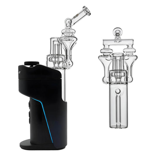 Calibear DUO RBR Recycler Glass Attachment (Clear) shown installed on Dr. Dabber Switch Go alongside the standalone dual recycler glass piece