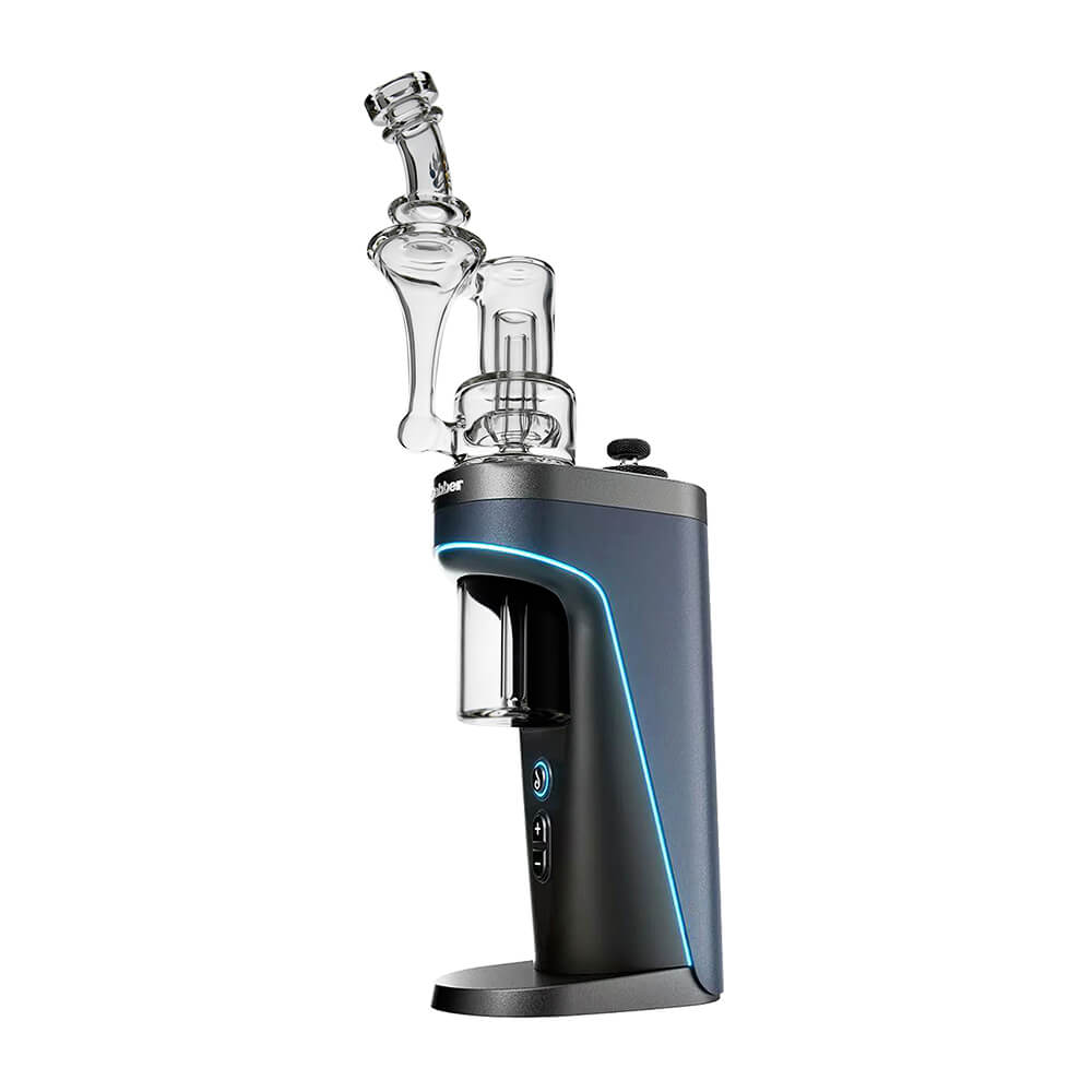Calibear Dual-Perc RBR Recycler Glass Attachment (Clear) for Dr. Dabber Switch 2, installed side view highlighting the drop-down lower chamber and RBR recycler design