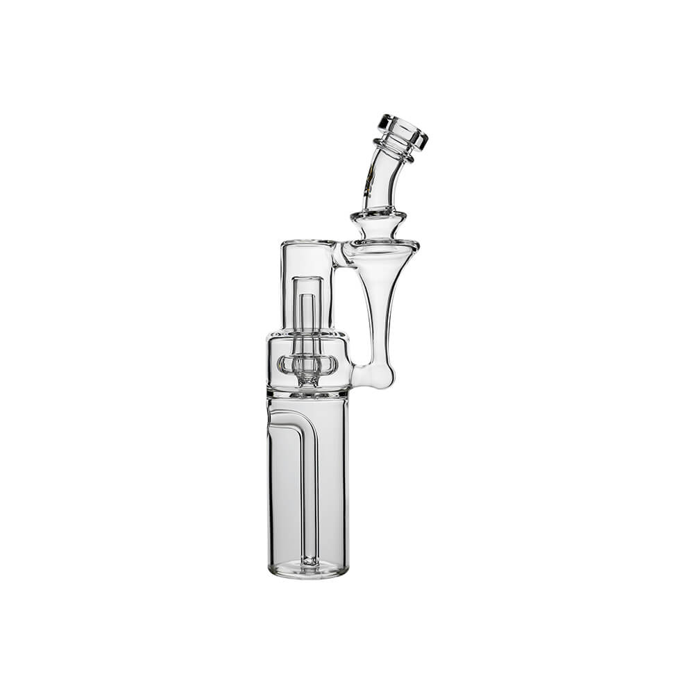 Calibear Dual-Perc RBR Recycler Glass Attachment (Clear) for Dr. Dabber Switch 2, standalone side view featuring the tubular percolator and upper RBR recycling chamber