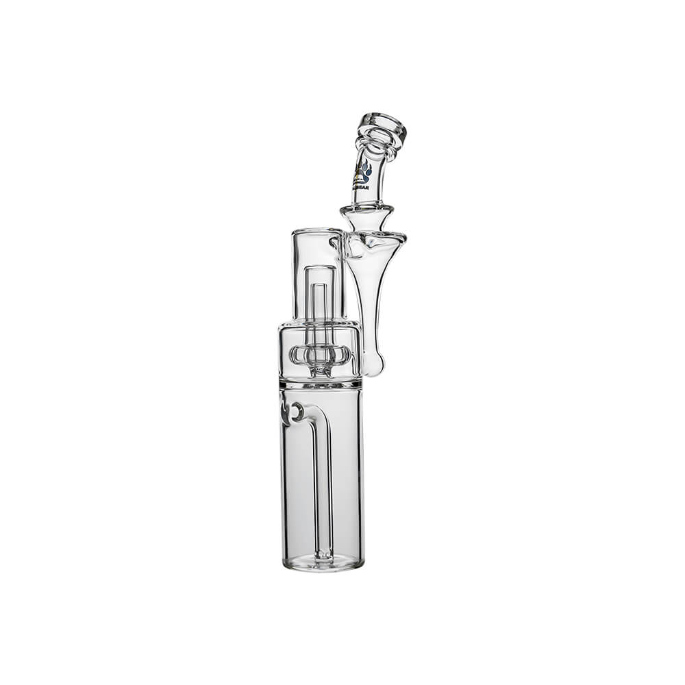 Calibear Dual-Perc RBR Recycler Glass Attachment (Clear) for Dr. Dabber Switch 2, angled glass top view showcasing the curved mouthpiece and dual-chamber filtration structure
