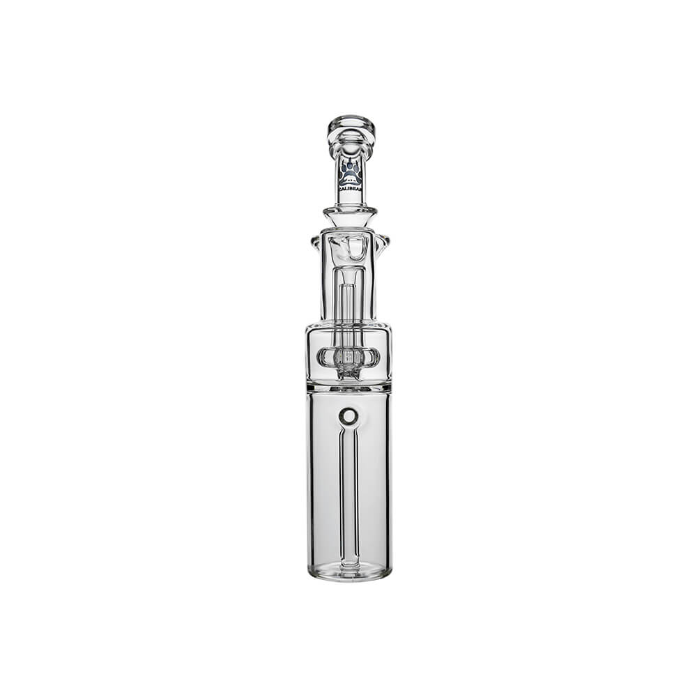 Calibear Dual-Perc RBR Recycler Glass Attachment (Clear) for Dr. Dabber Switch 2, front view showing the internal tubular percolator, lower chamber and upper recycler assembly