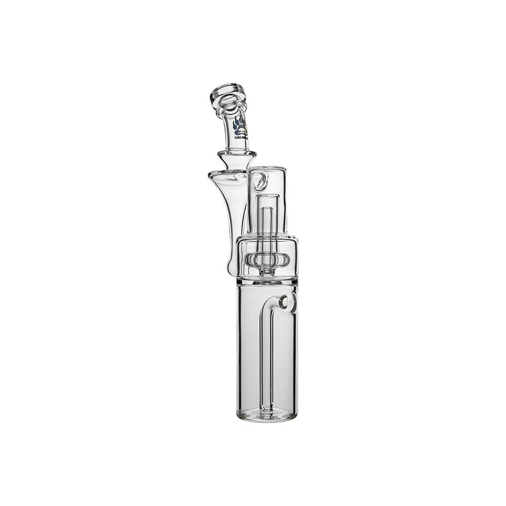 Calibear Dual-Perc RBR Recycler Glass Attachment (Clear) for Dr. Dabber Switch 2, rear angled view highlighting the connected glass pathways and dual-perc chamber configuration