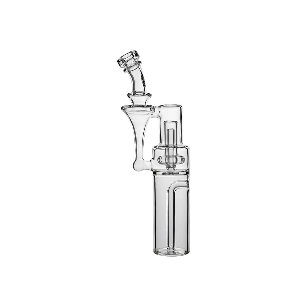 Calibear Dual-Perc RBR Recycler Glass Attachment (Clear) for Dr. Dabber Switch 2, side profile highlighting the RBR bell recycler, glass return pathway and extended lower chamber