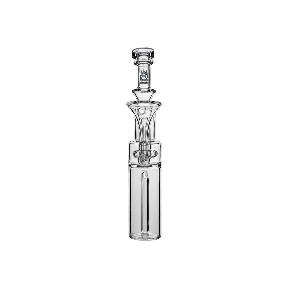 Calibear Dual-Perc RBR Recycler Glass Attachment (Clear) for Dr. Dabber Switch 2, full front view featuring the vertical tubular perc, RBR recycling chamber and clear glass construction