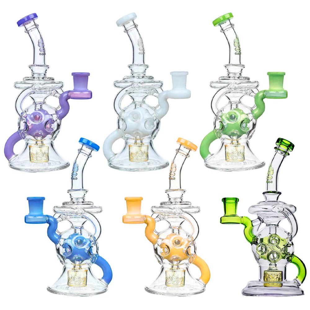 Calibear 8-inch Fab Sphere Dab Rig with Triple Seed of Life Percolator and Torus Recycler in multiple colors including purple, mint, blue, and orange.