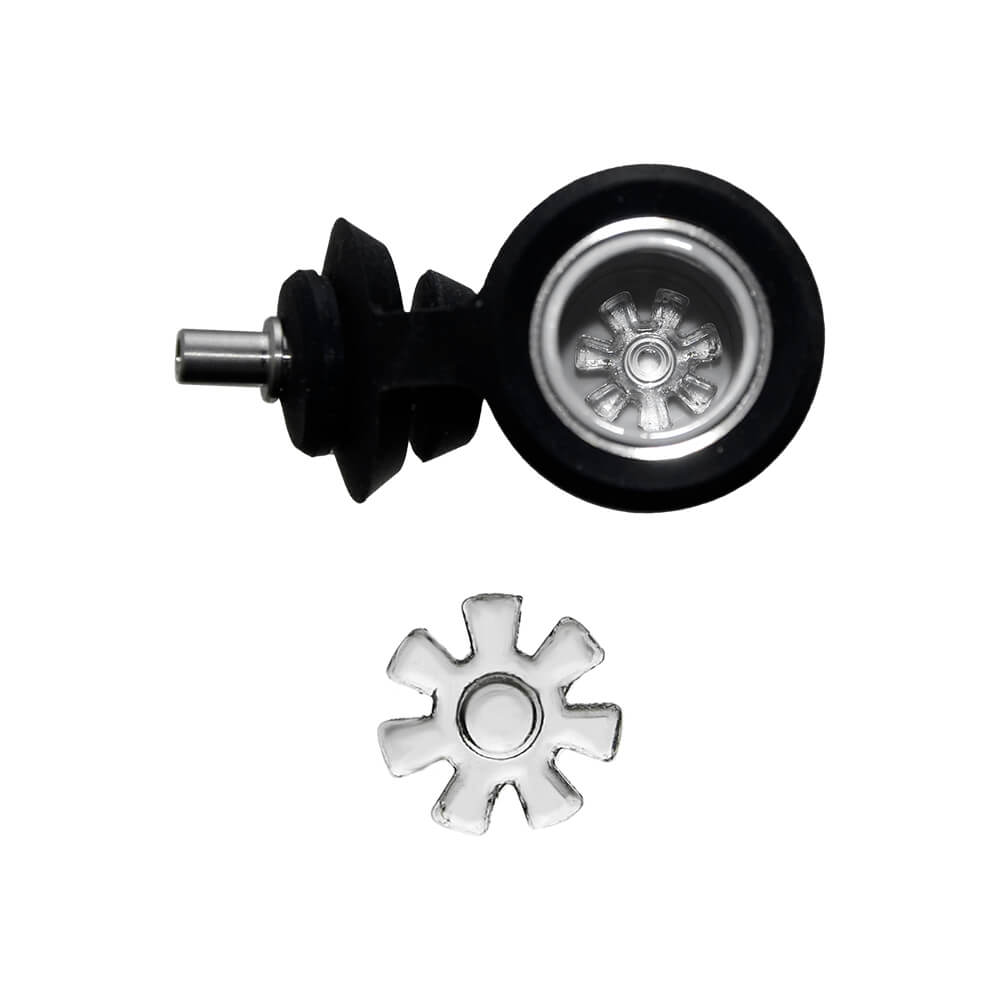 Calibear Flake Glass Spinner (Clear) shown installed in a compatible chamber with separate snowflake-shaped spinner, for Dr. Dabber Switch 2, Puffco Peak Pro and Focus V Carta