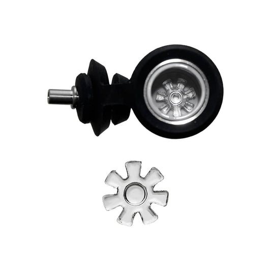 Calibear Flake Glass Spinner (Clear) shown installed in a compatible chamber with separate snowflake-shaped spinner, for Dr. Dabber Switch 2, Puffco Peak Pro and Focus V Carta
