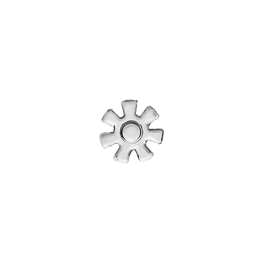 Calibear Flake Glass Spinner (Clear) with snowflake-shaped multi-arm design, top view, for Dr. Dabber Switch 2, Puffco Peak Pro and Focus V Carta