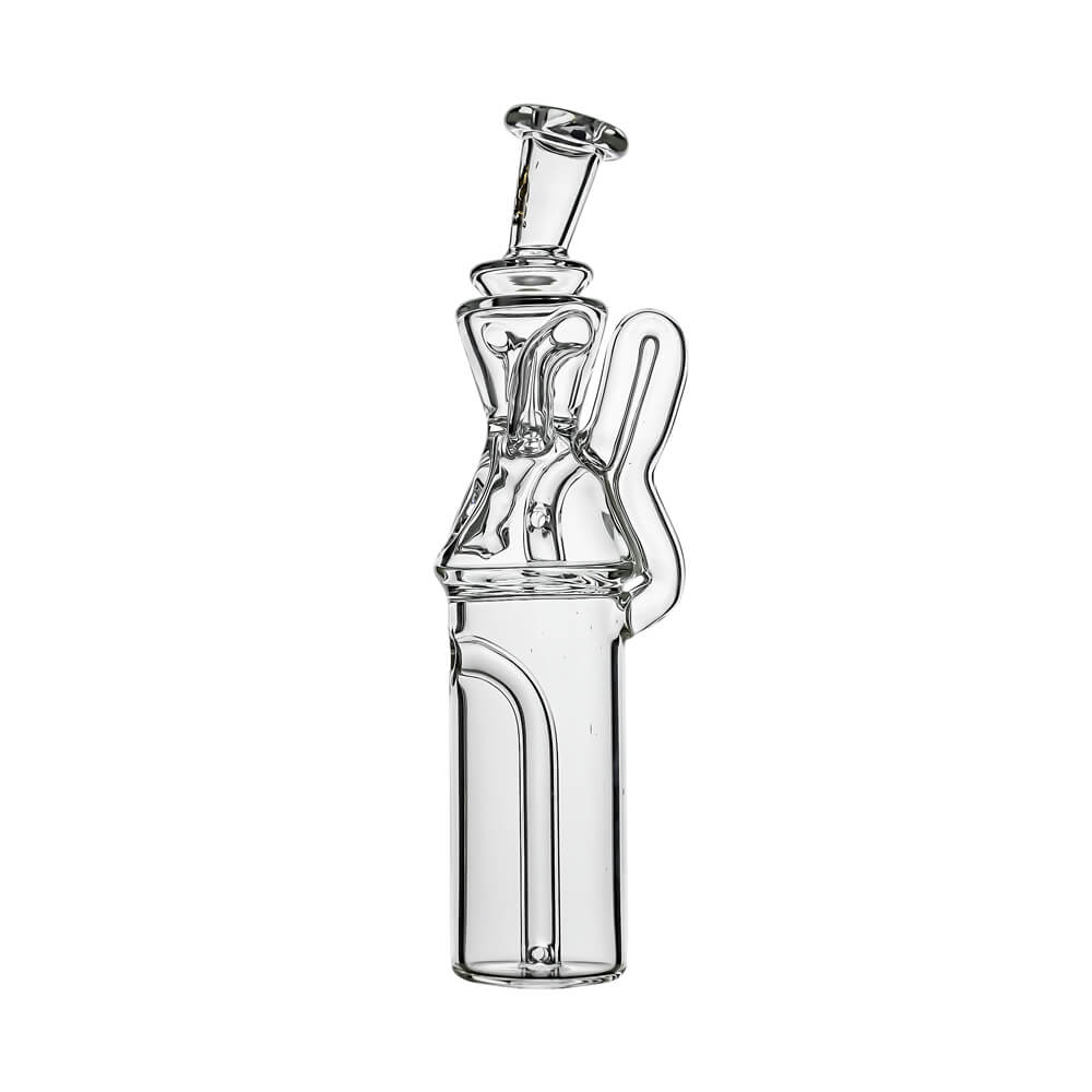 Calibear Gilly Recycler Glass Attachment (Clear) for Dr. Dabber Switch Go, opposite-side view highlighting intricate glass circulation pathways, angled mouthpiece and clear lower chamber