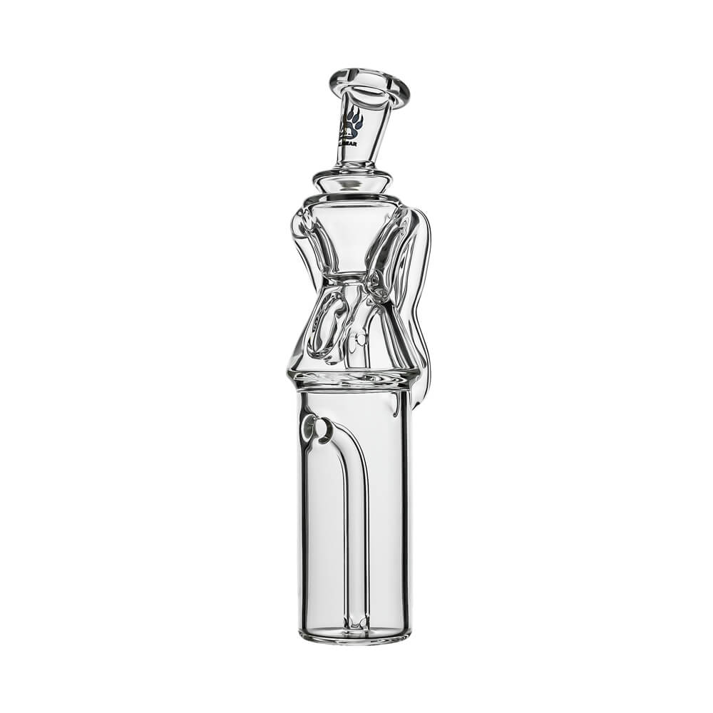 Calibear Gilly Recycler Glass Attachment (Clear) installed on Dr. Dabber Switch Go, side view showing hourglass-inspired recycler design and exterior curved return tube