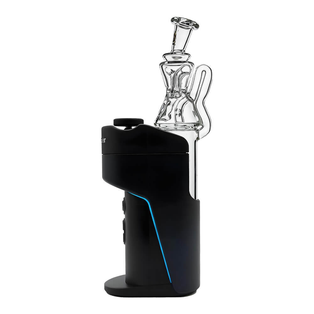 Calibear Gilly Recycler Glass Attachment (Clear) for Dr. Dabber Switch Go, angled standalone view featuring sculpted upper chamber, looping glass tubes and elongated lower base