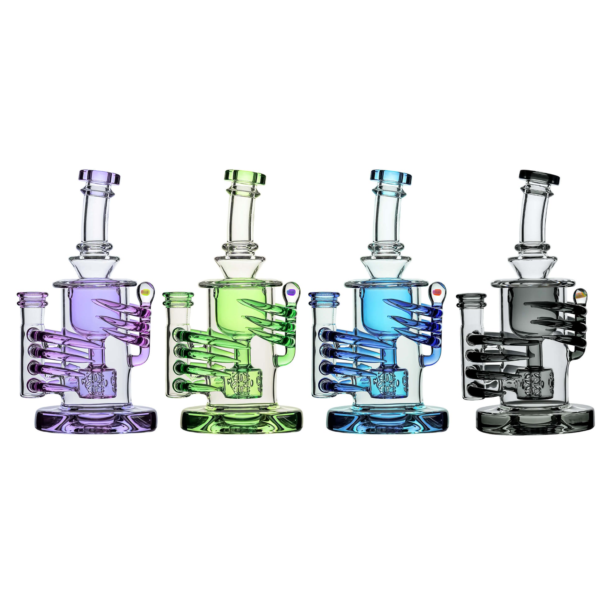 CaliBear Horn Torus dab rig lineup in multiple colors, standing 7 inches tall with a skeleton claw recycler design and encased opal.