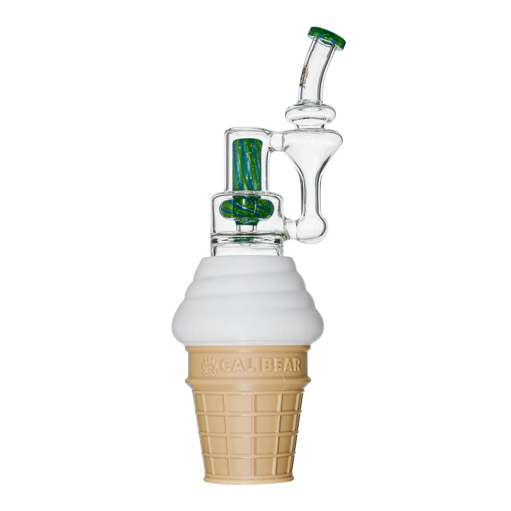 Calibear Ice Cream Glass Stand (Color) for Dr. Dabber Switch Go, display view holding a compatible glass recycler attachment with ice cream cone-shaped base.