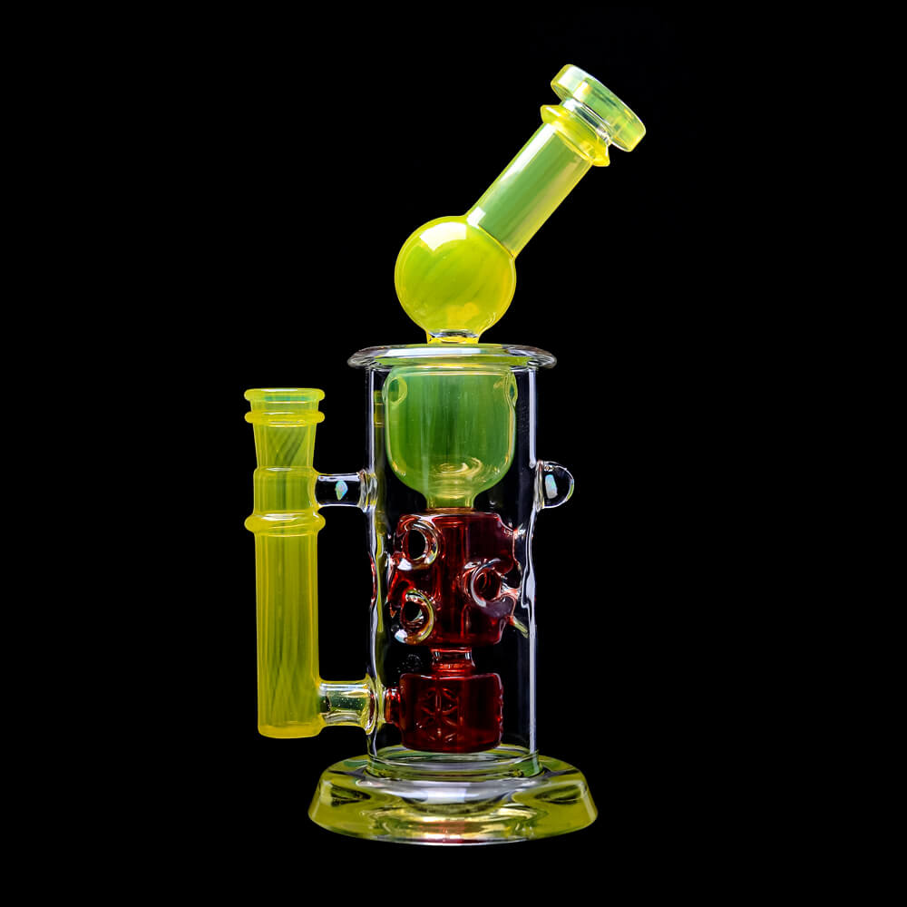 CaliBear 8.5 inch Kickback Straight Fab Torus dab rig featuring yellow accents, a red Seed of Life percolator, and an encased opal.