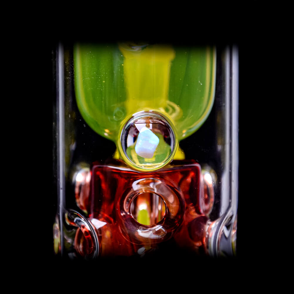 CaliBear 8.5 inch Kickback Straight Fab Torus dab rig featuring yellow accents, a red Seed of Life percolator, and an encased opal.
