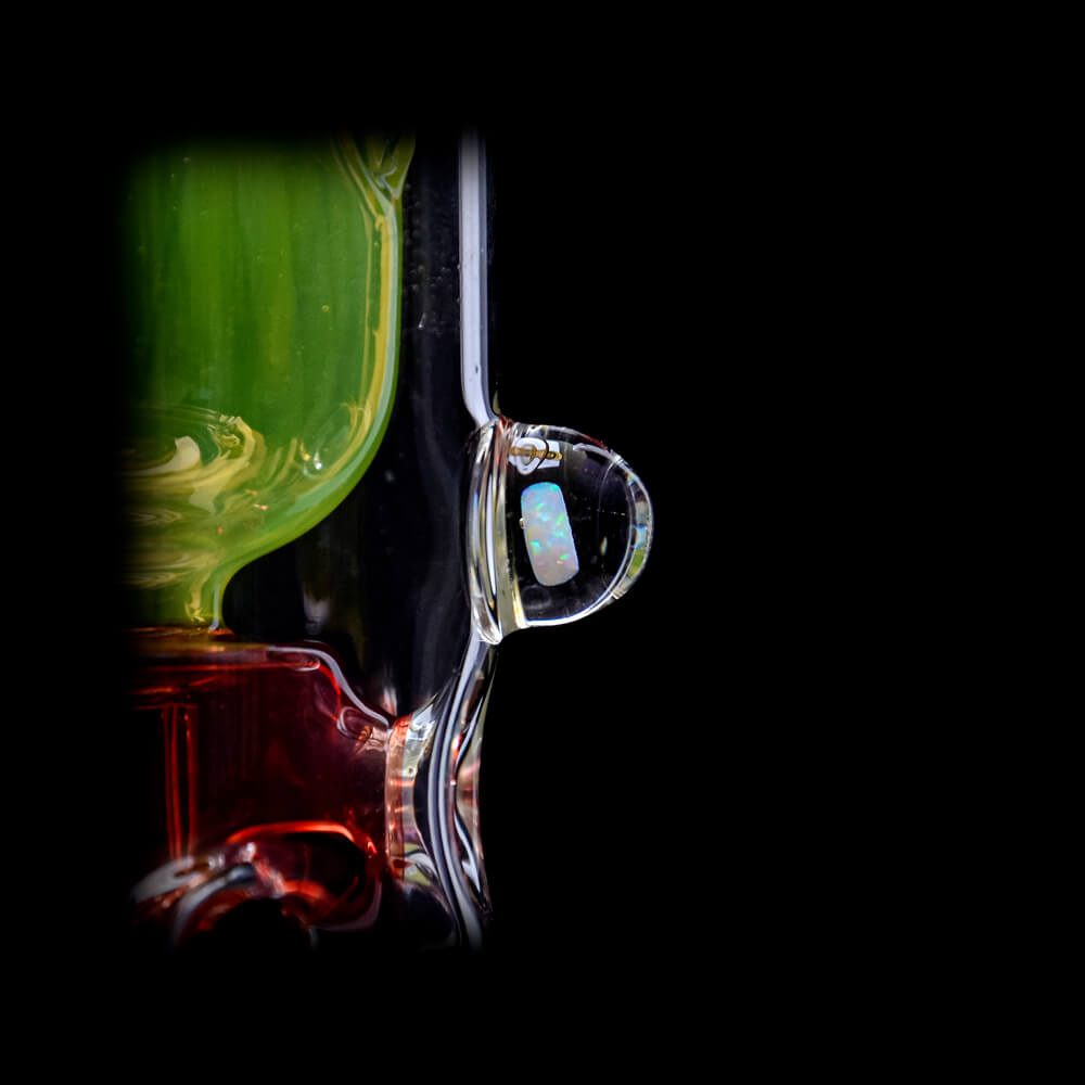 CaliBear 8.5 inch Kickback Straight Fab Torus dab rig featuring yellow accents, a red Seed of Life percolator, and an encased opal.