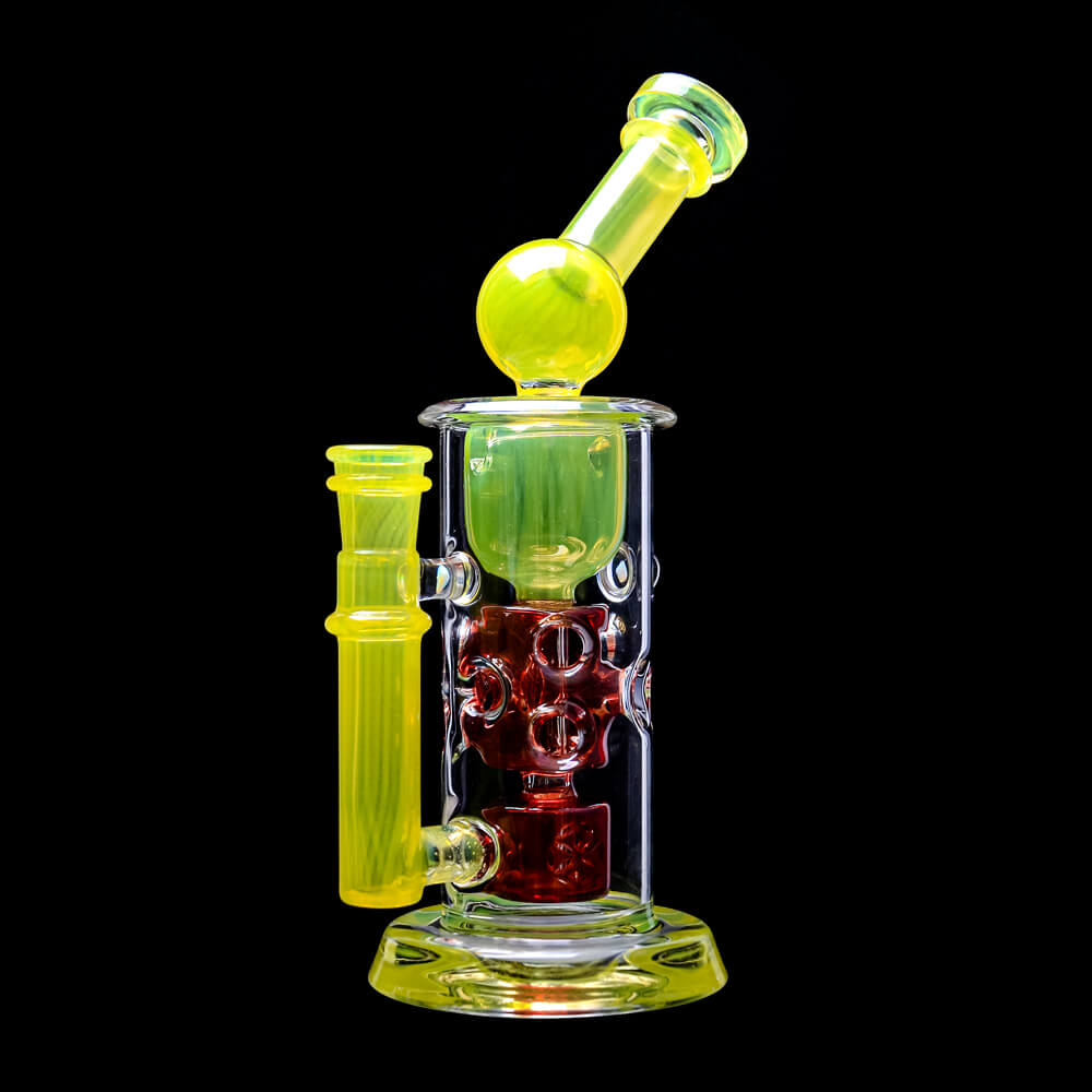 CaliBear 8.5 inch Kickback Straight Fab Torus dab rig featuring yellow accents, a red Seed of Life percolator, and an encased opal.