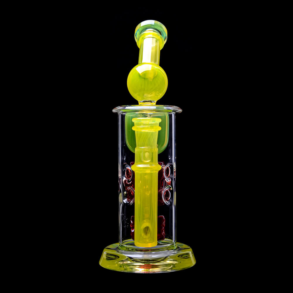 CaliBear 8.5 inch Kickback Straight Fab Torus dab rig featuring yellow accents, a red Seed of Life percolator, and an encased opal.