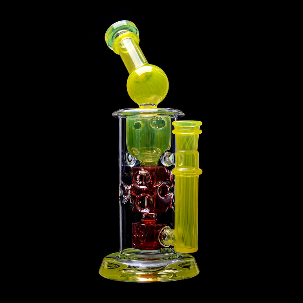 CaliBear 8.5 inch Kickback Straight Fab Torus dab rig featuring yellow accents, a red Seed of Life percolator, and an encased opal.