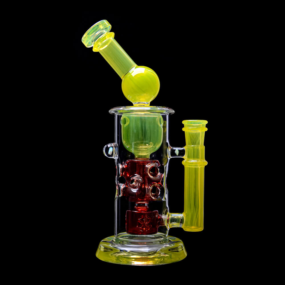 CaliBear 8.5 inch Kickback Straight Fab Torus dab rig featuring yellow accents, a red Seed of Life percolator, and an encased opal.
