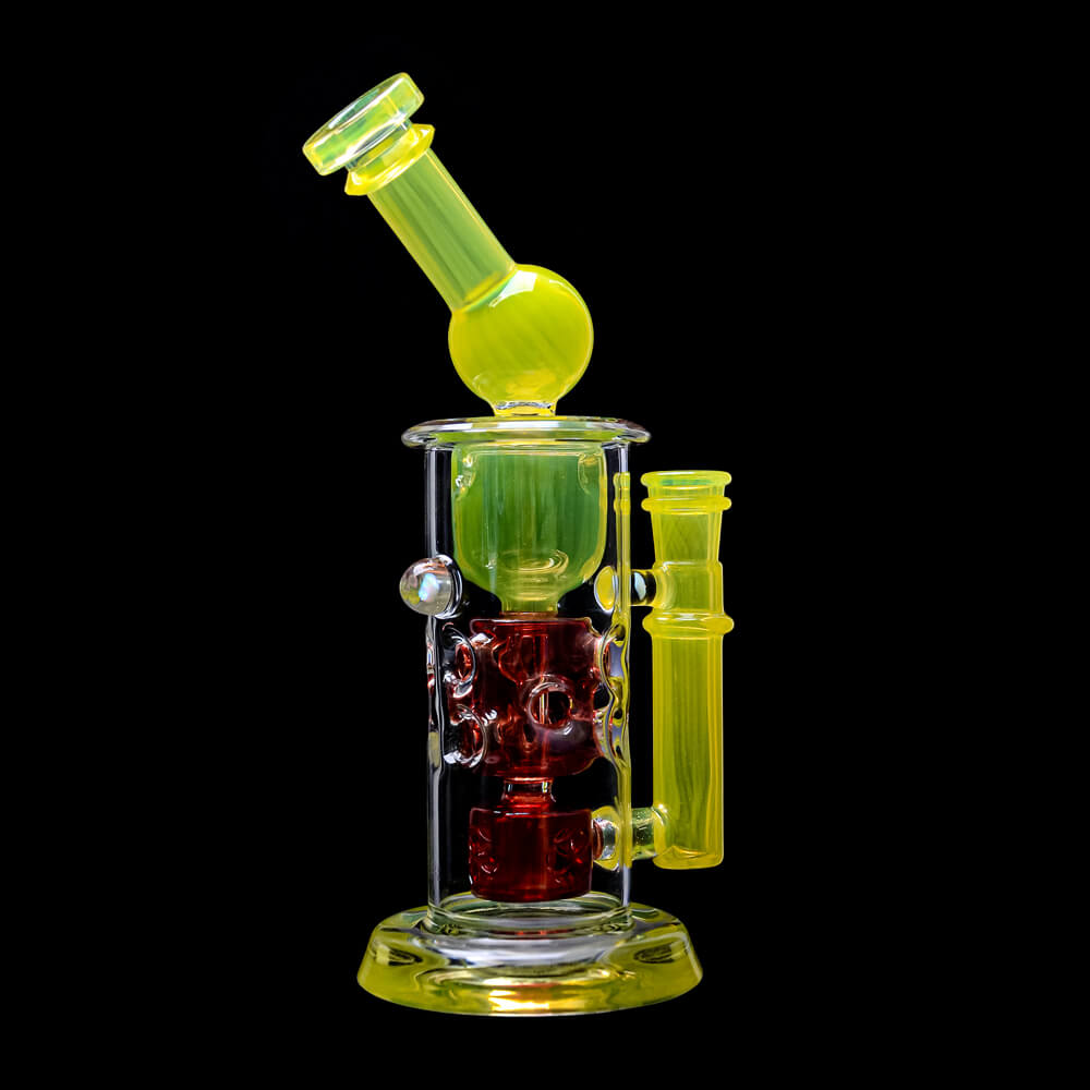 CaliBear 8.5 inch Kickback Straight Fab Torus dab rig featuring yellow accents, a red Seed of Life percolator, and an encased opal.