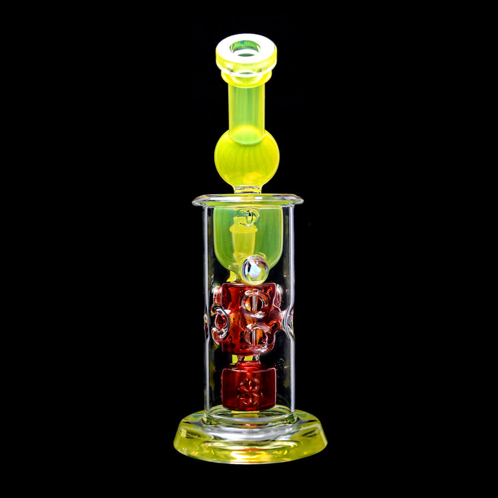 CaliBear 8.5 inch Kickback Straight Fab Torus dab rig featuring yellow accents, a red Seed of Life percolator, and an encased opal.