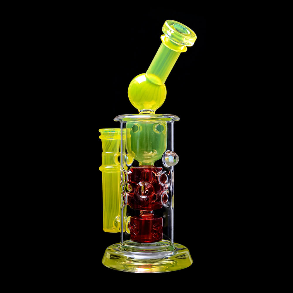 CaliBear 8.5 inch Kickback Straight Fab Torus dab rig featuring yellow accents, a red Seed of Life percolator, and an encased opal.