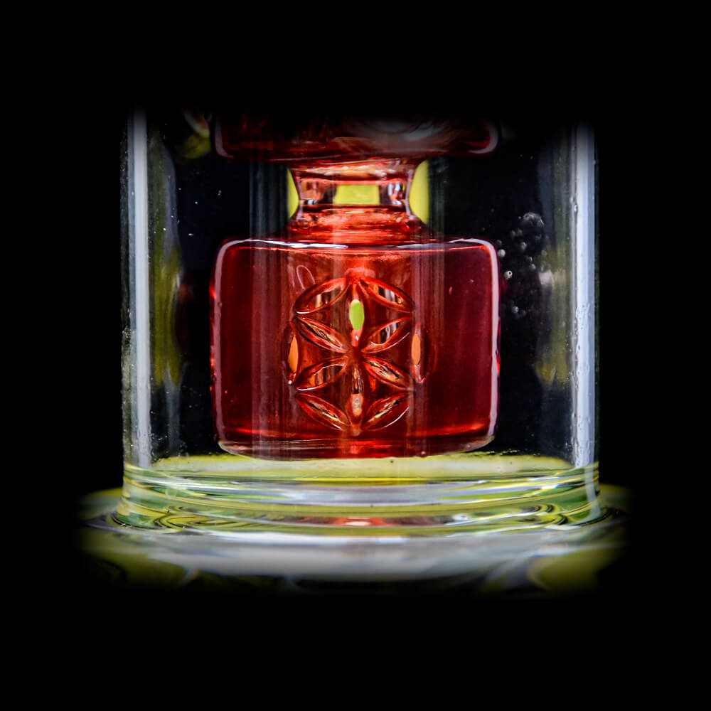 CaliBear 8.5 inch Kickback Straight Fab Torus dab rig featuring yellow accents, a red Seed of Life percolator, and an encased opal.